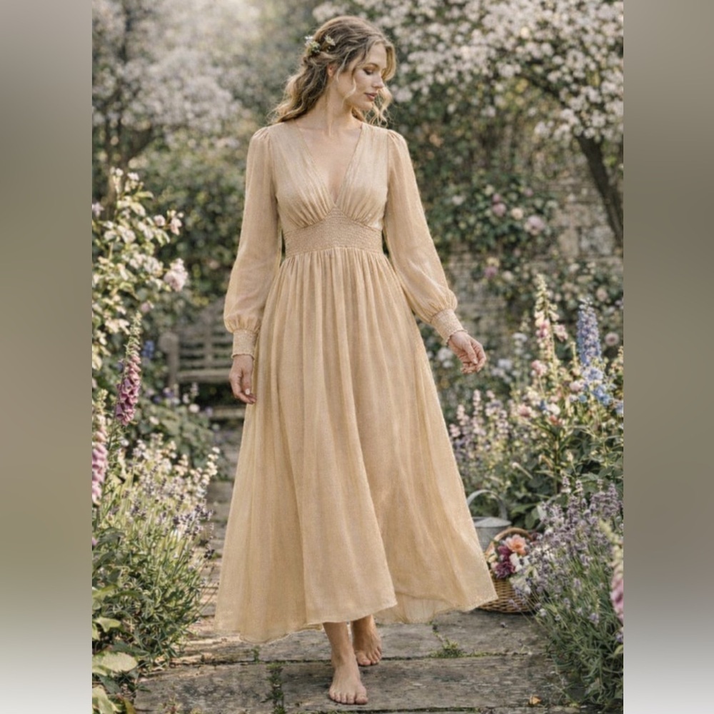 Baltic Born Gold Tan Shimmer Juliette Maxi Dress Sheer Sleeves Gown Smocked XS